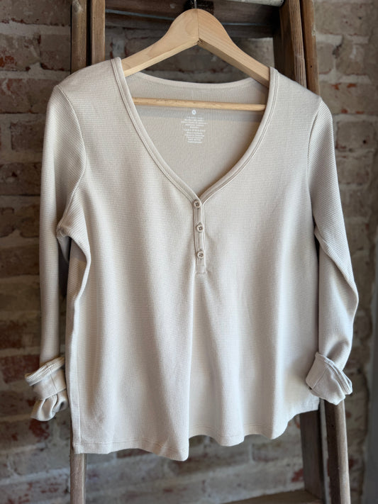 Waffle Knit Long Sleeve Henley - Oatmeal