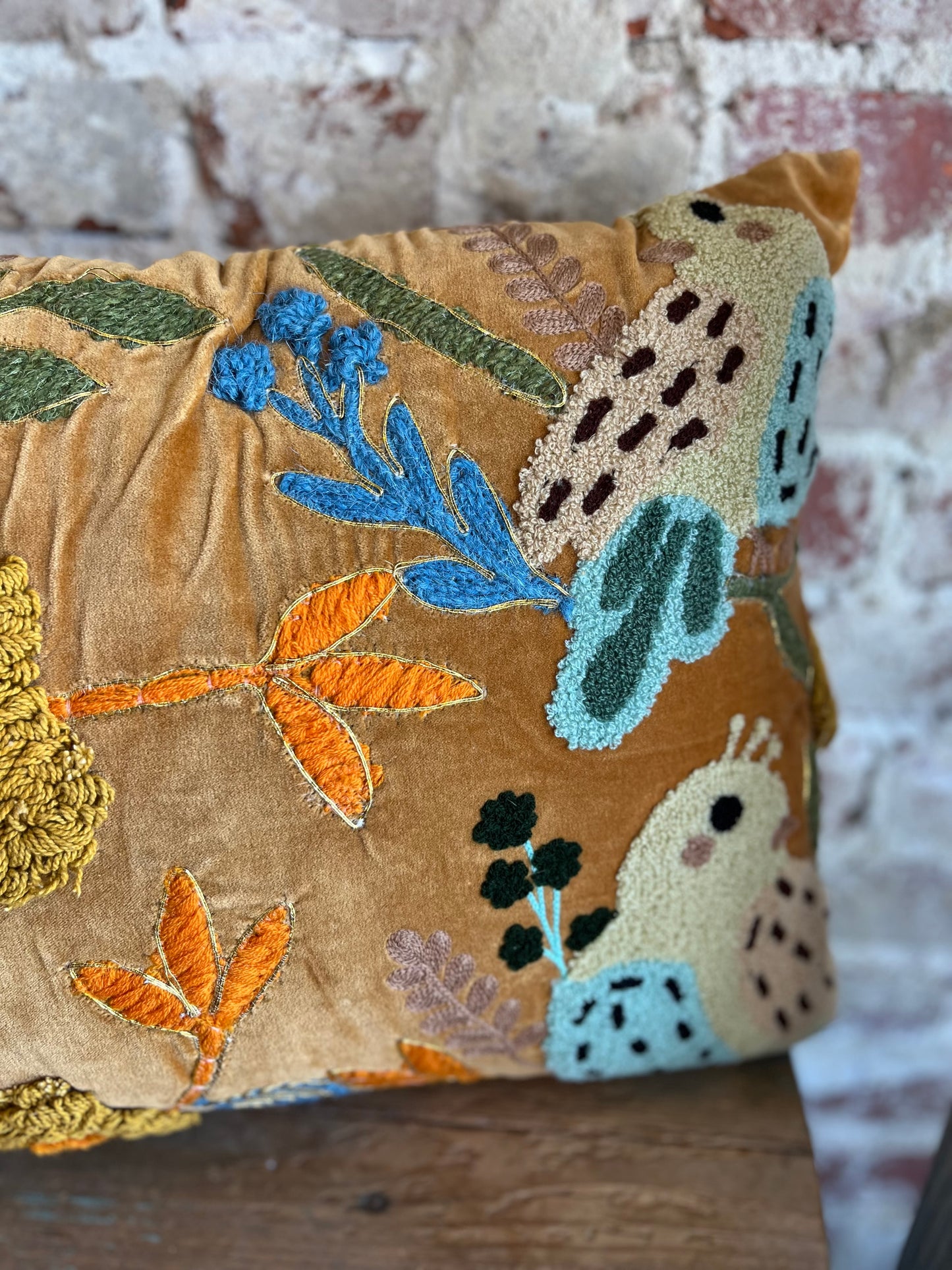 Bird Embroidery Luxe Pillow- Gold