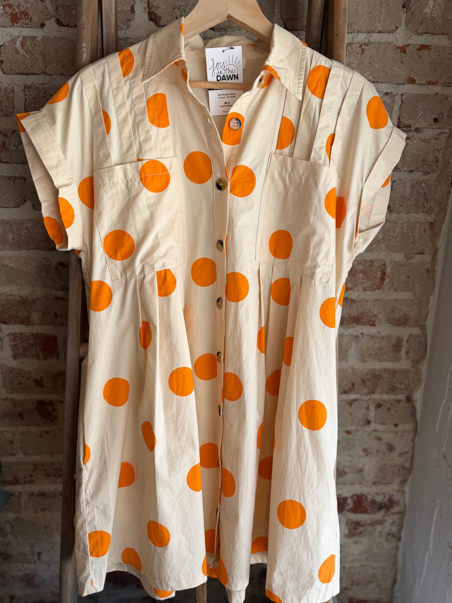 Polka Dot Pleated Dress- Orange/Cream