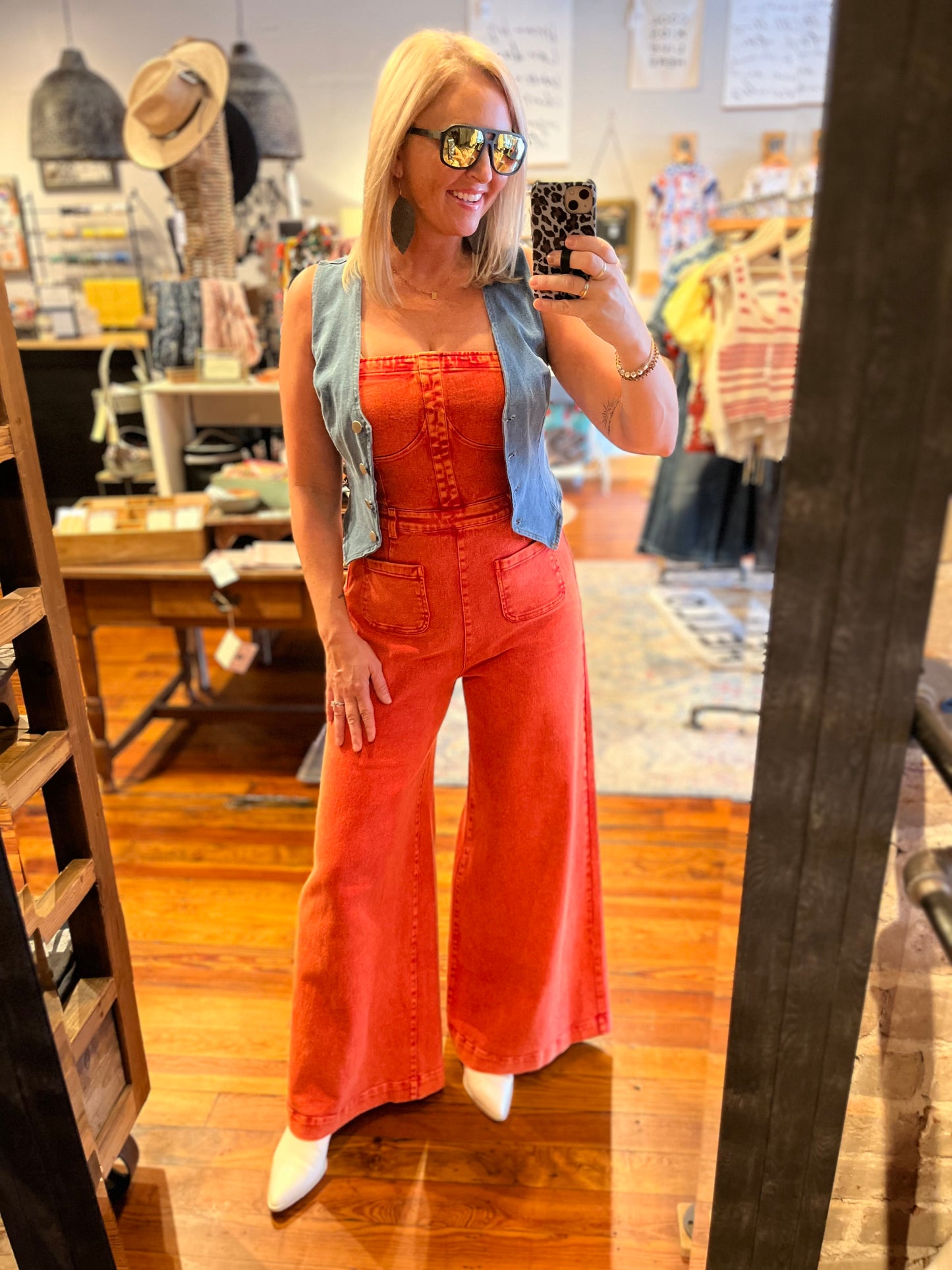 Mineral Washed Wide Leg Jumpsuit -Burnt Orange