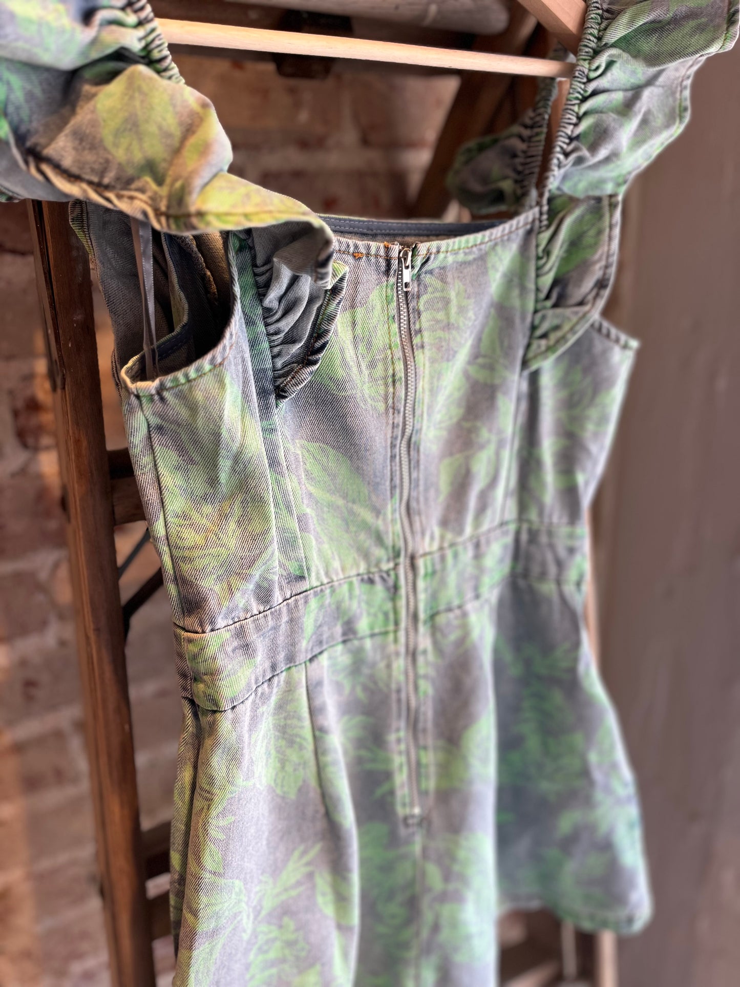 Printed Flutter Sleeve Denim Romper