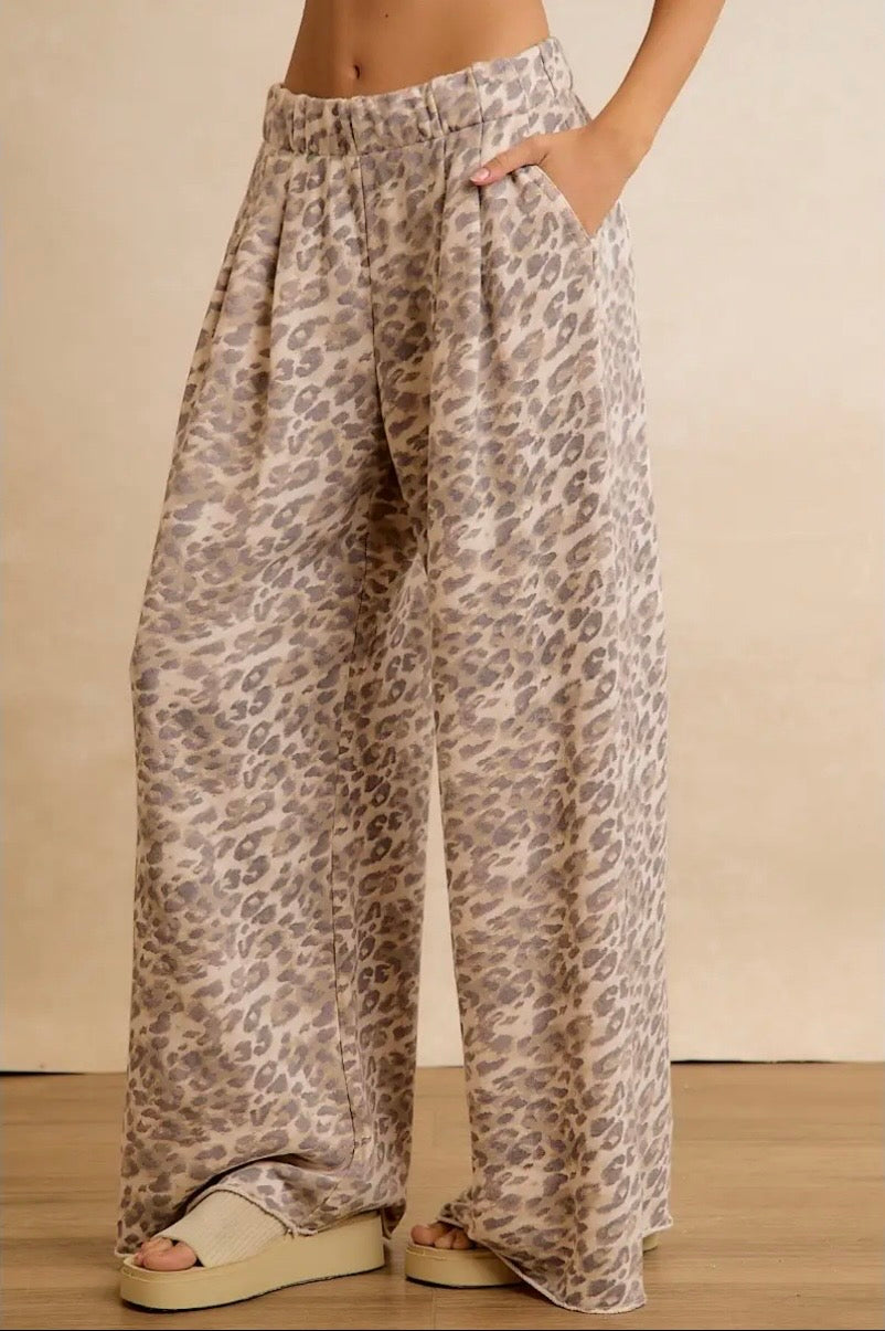 Leopard Fleece Wide Leg Pants