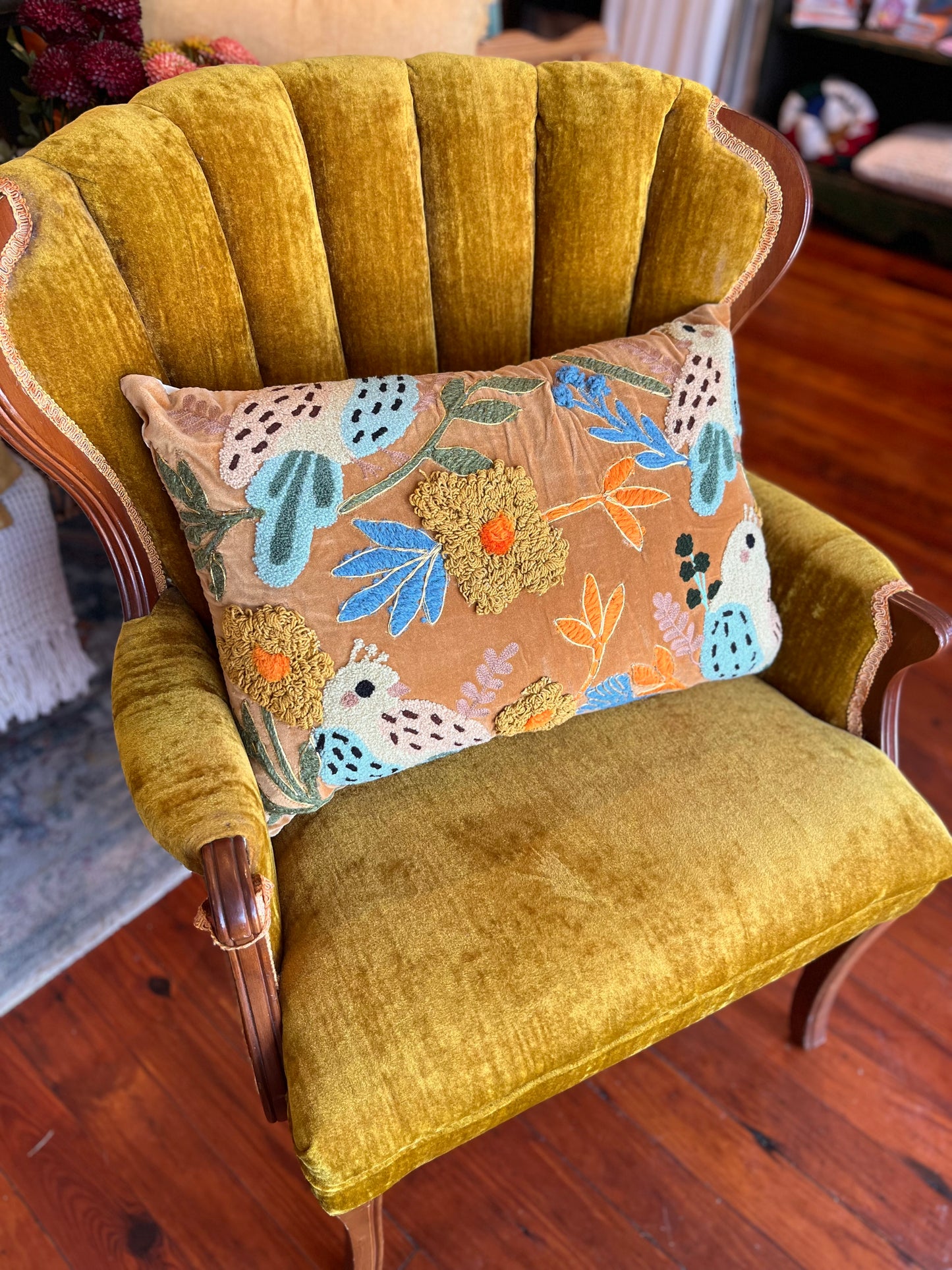 Bird Embroidery Luxe Pillow- Gold