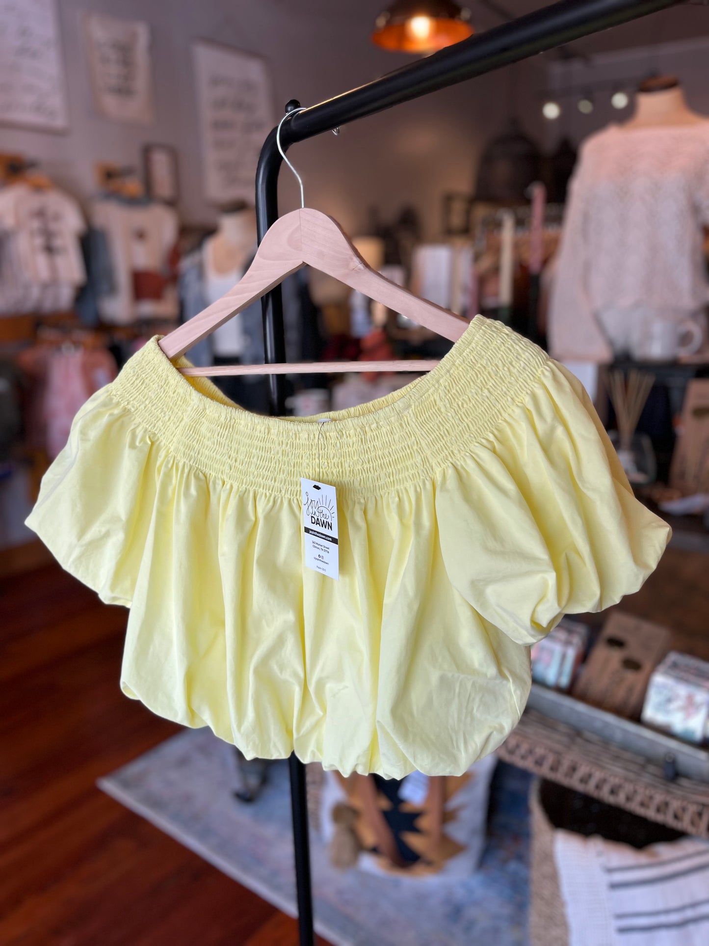 Off-Shoulder Smocked Bubble Crop Top- Lemon