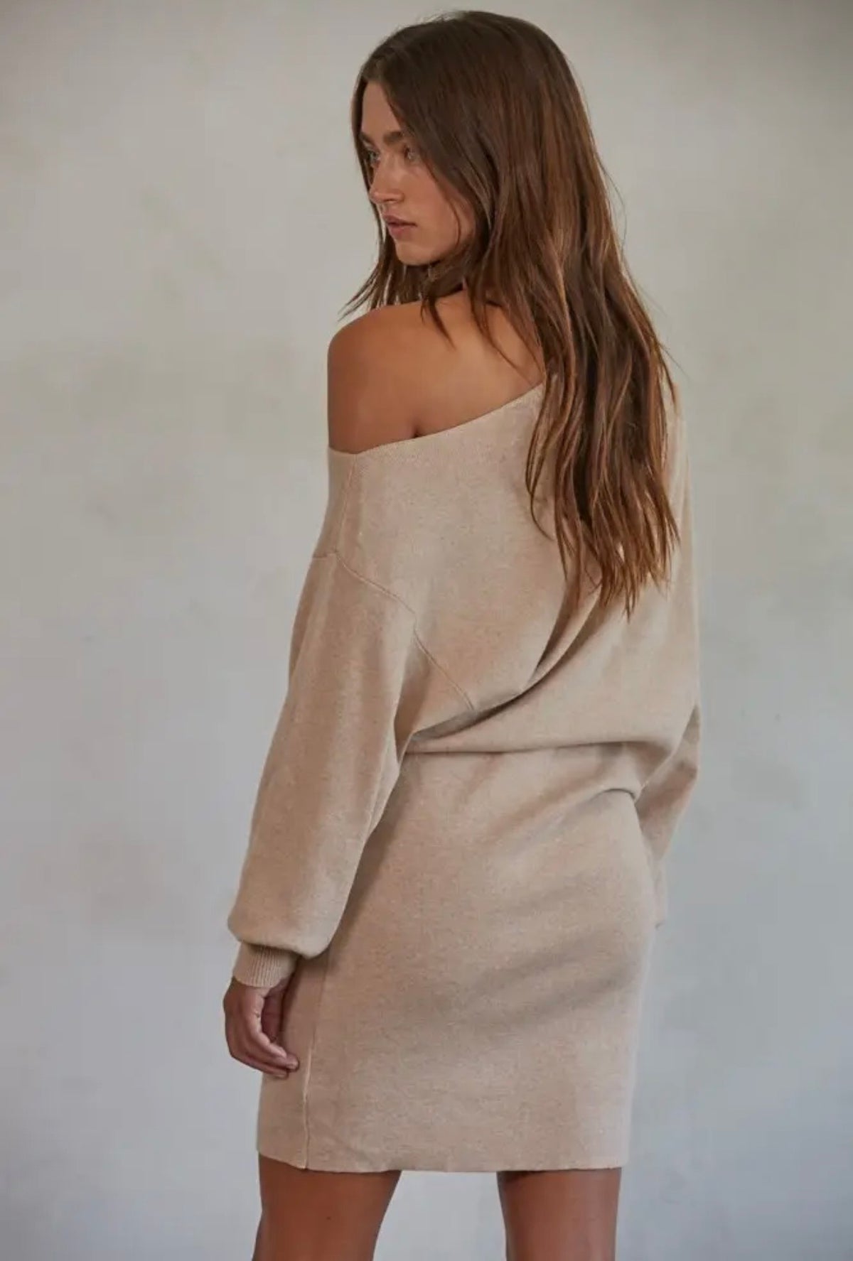 Knit Off Shoulder Sweater Dress- Beige