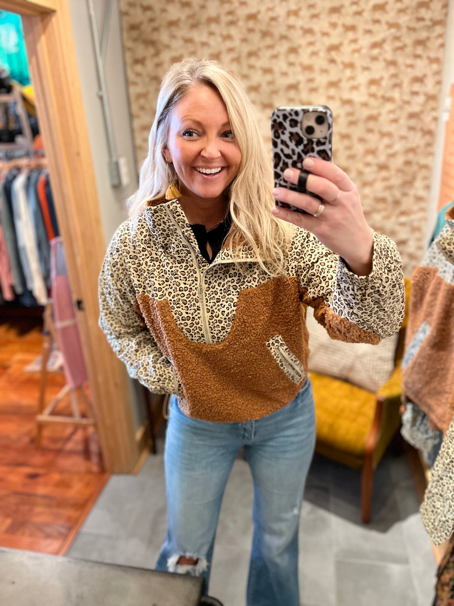 Camel + Leopard Zip Pullover