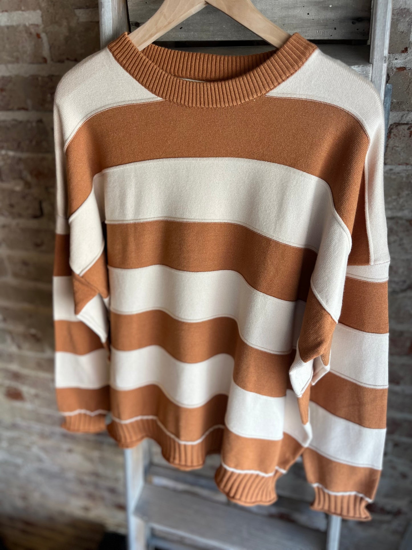 Knit Striped Crewneck Sweater - Camel