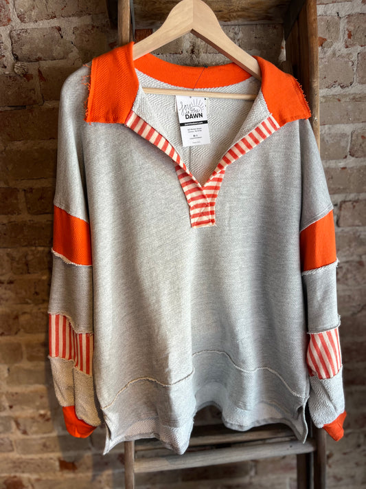 Color Block Collared Top- Orange/Grey