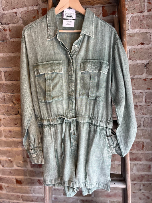 Mineral Wash Linen Romper - Sage