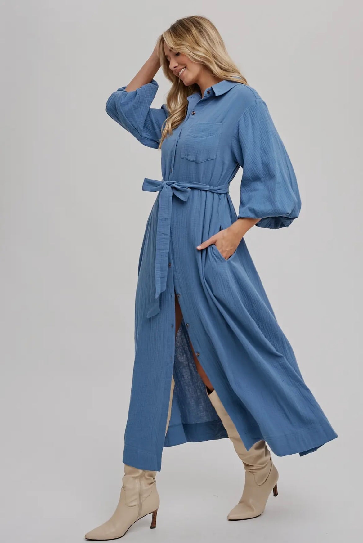 Bubble Sleeve Belted Shirt Midi Dress