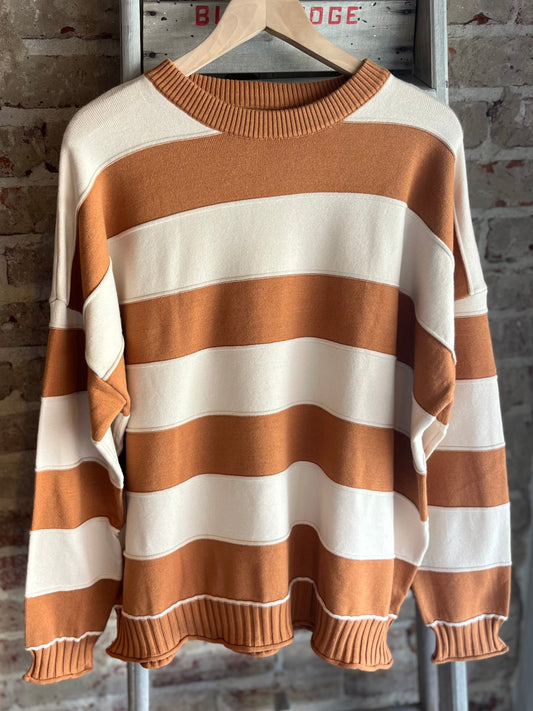 Knit Striped Crewneck Sweater - Camel