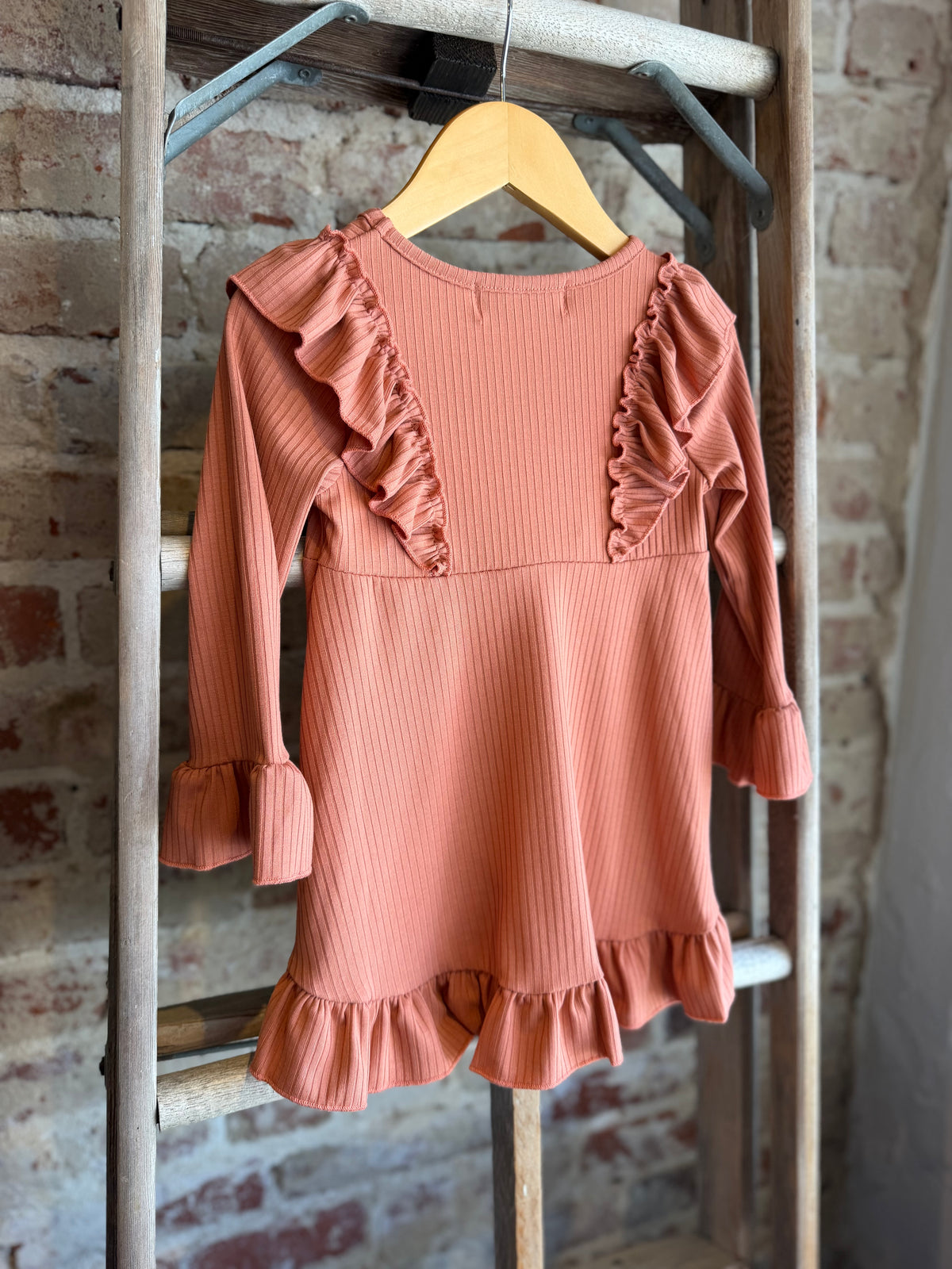 Ribbed Long Sleeve Ruffle Tunic-Rust