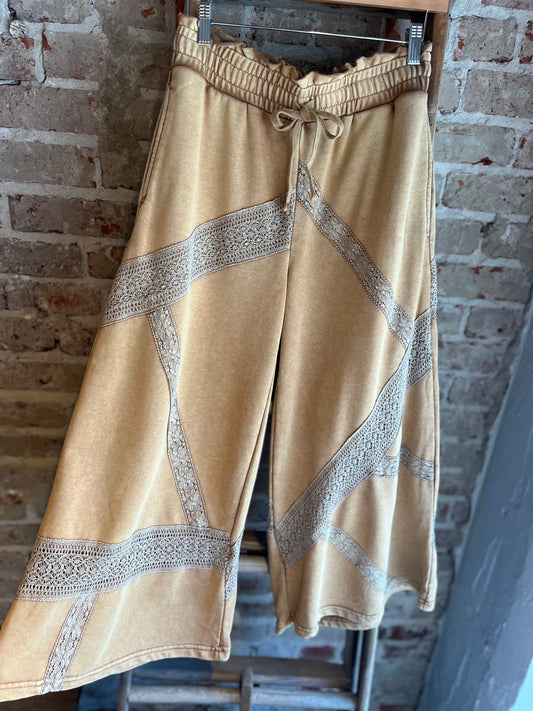 Washed Lace Trim Wide Leg Pants- Coffee