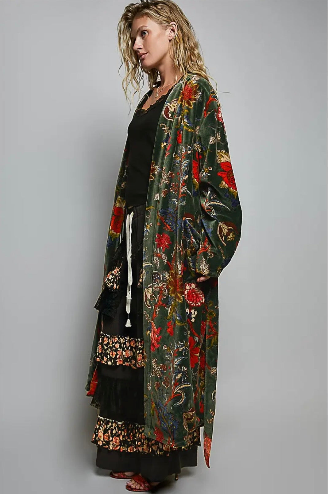 Full Length Tie Belt Kimono -Green