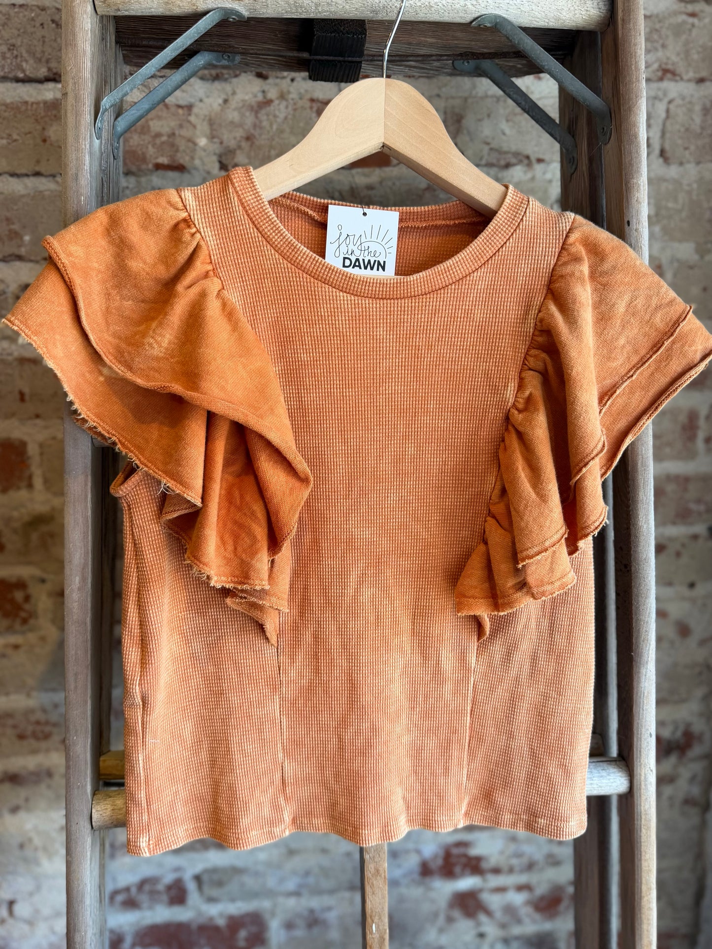 Mineral Washed Ruffle Sleeve Waffle Top -Orange