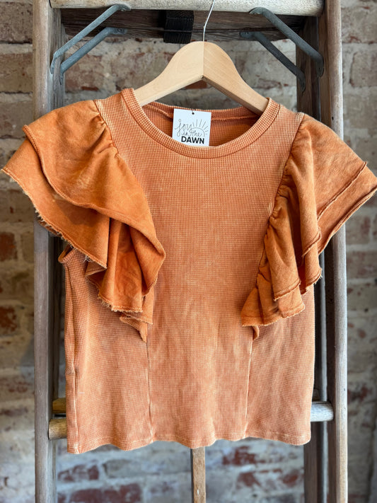 Mineral Washed Ruffle Sleeve Waffle Top -Orange