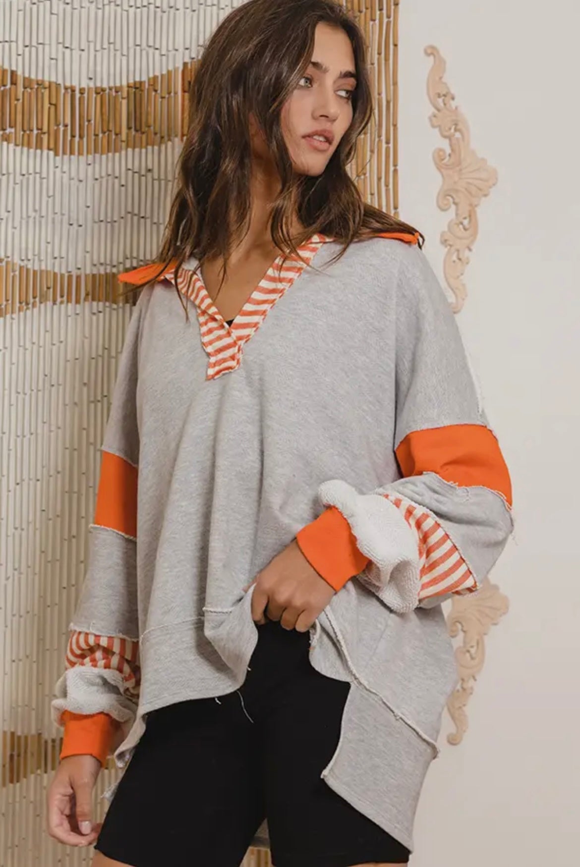 Color Block Collared Top- Orange/Grey