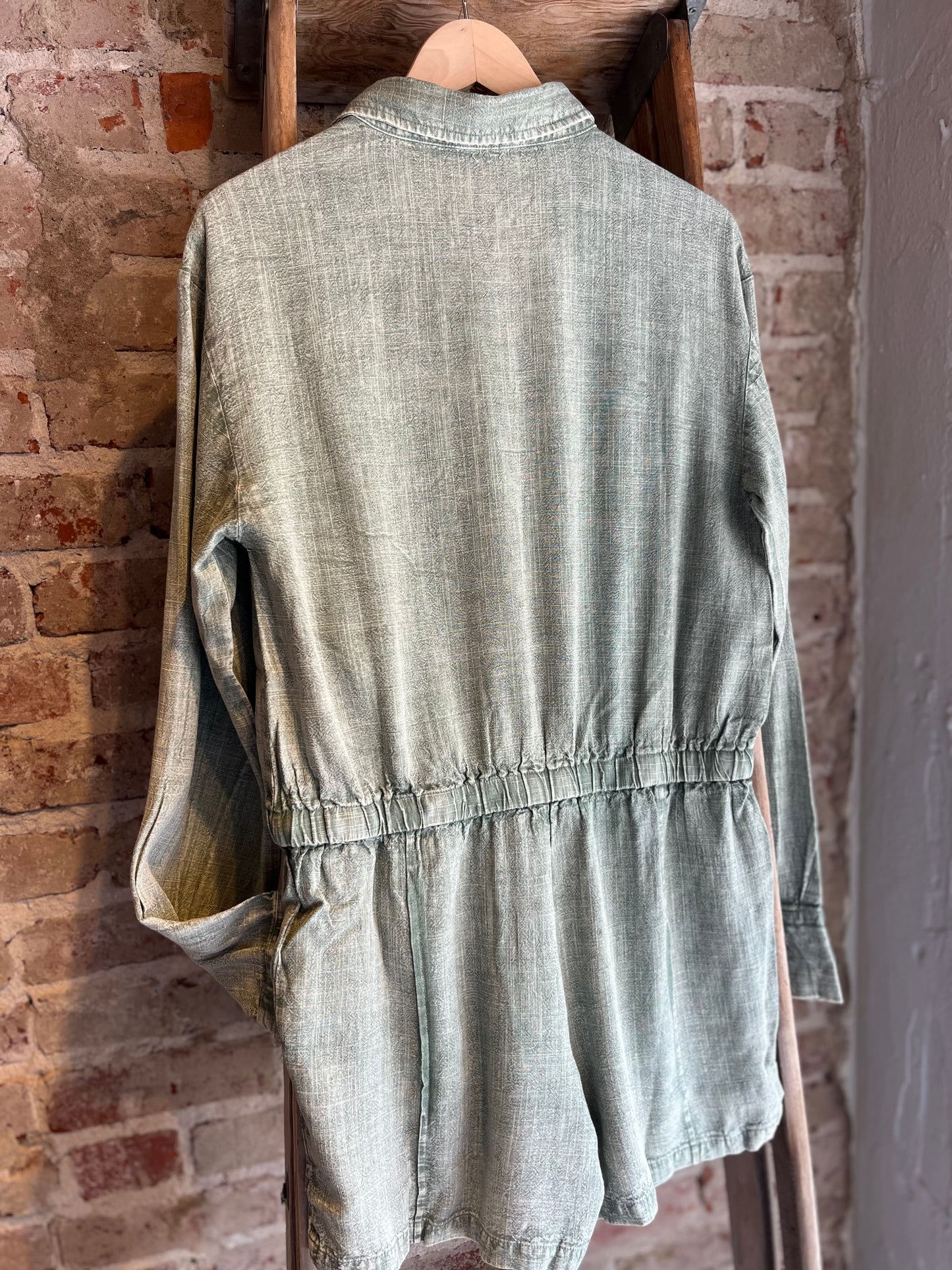 Mineral Wash Linen Romper - Sage
