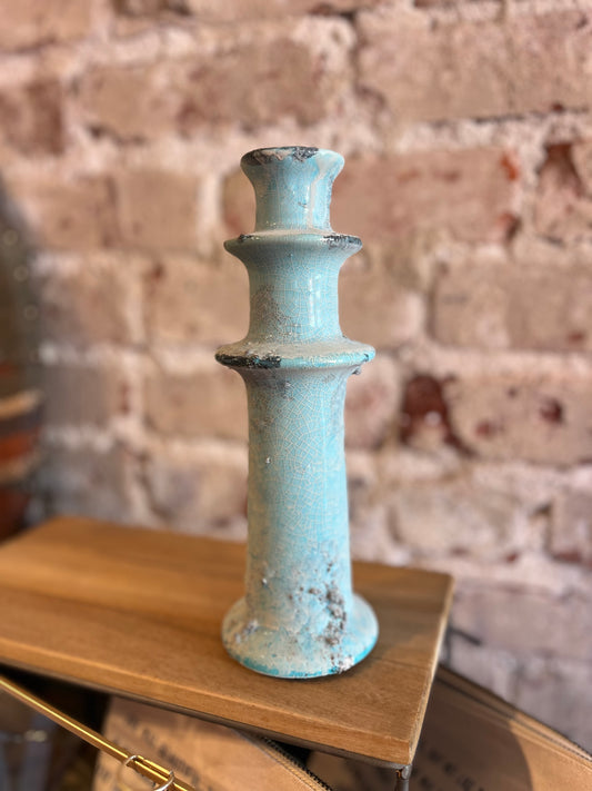 Antique Blue Ceramic Taper Candle Holder - Large