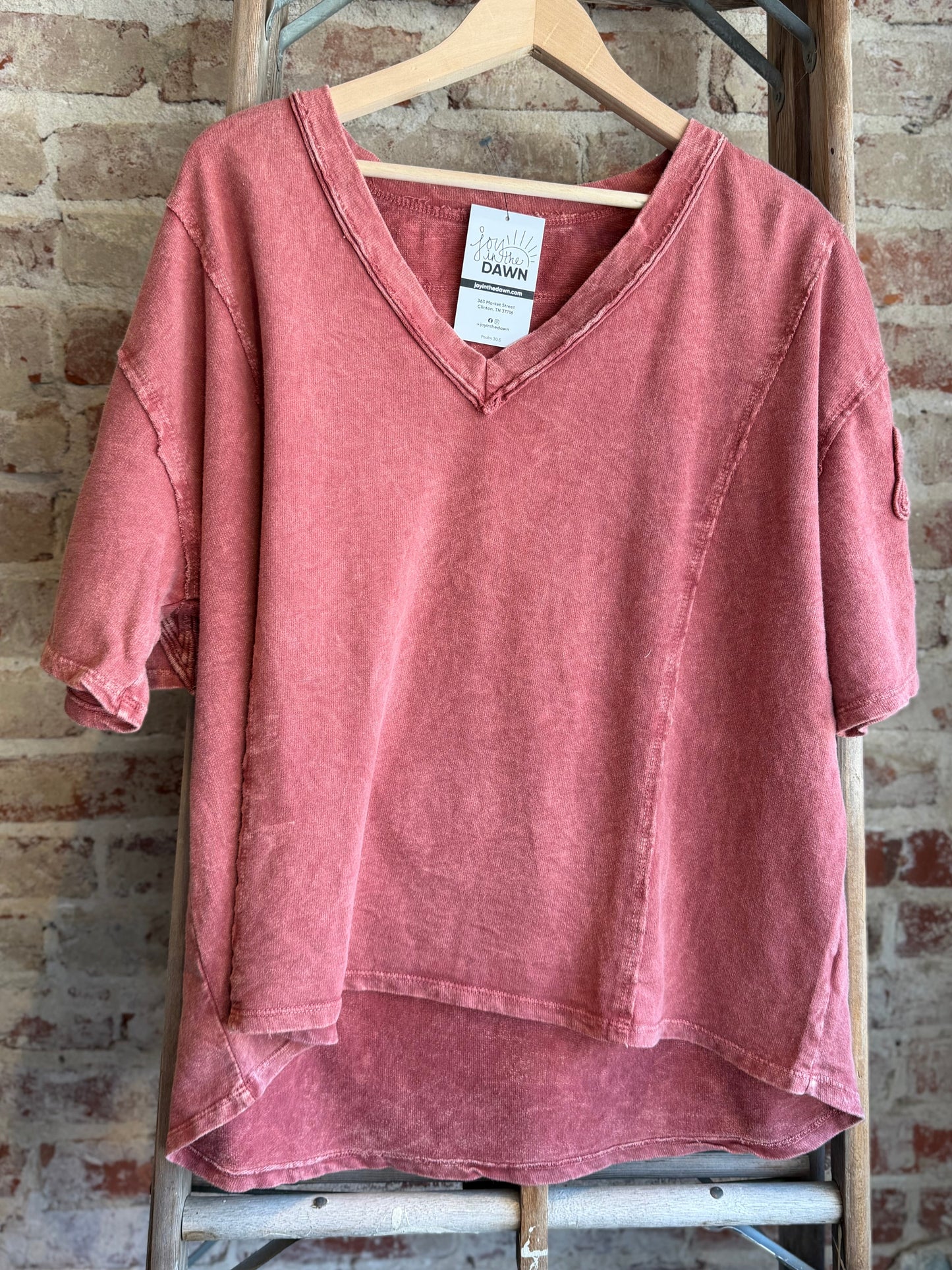 Mineral Wash Bow Sleeve Top - Terracotta