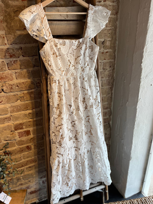 Solid Lace Midi Dress - White