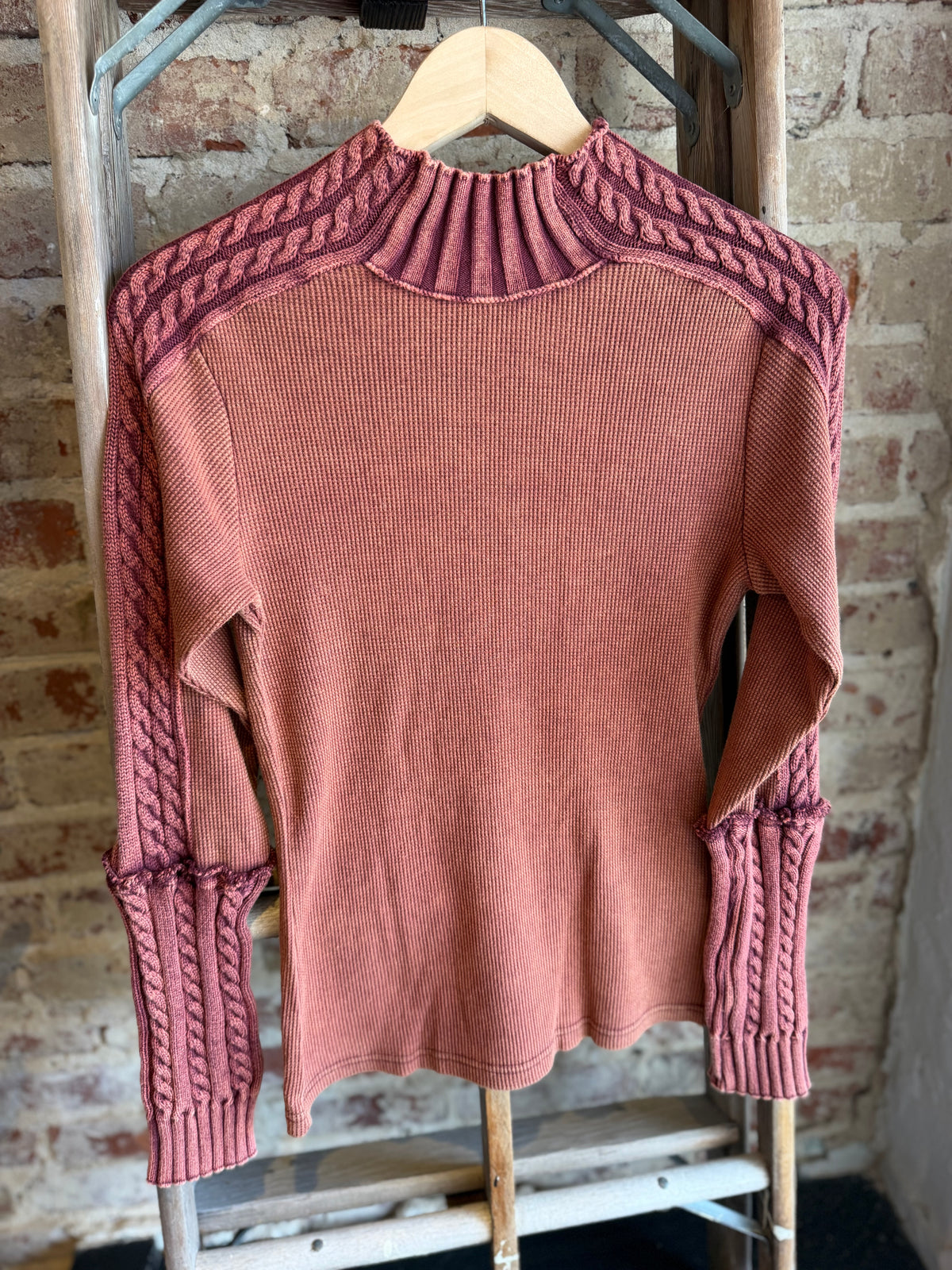 Rust Mock Neck Mixed Media Top