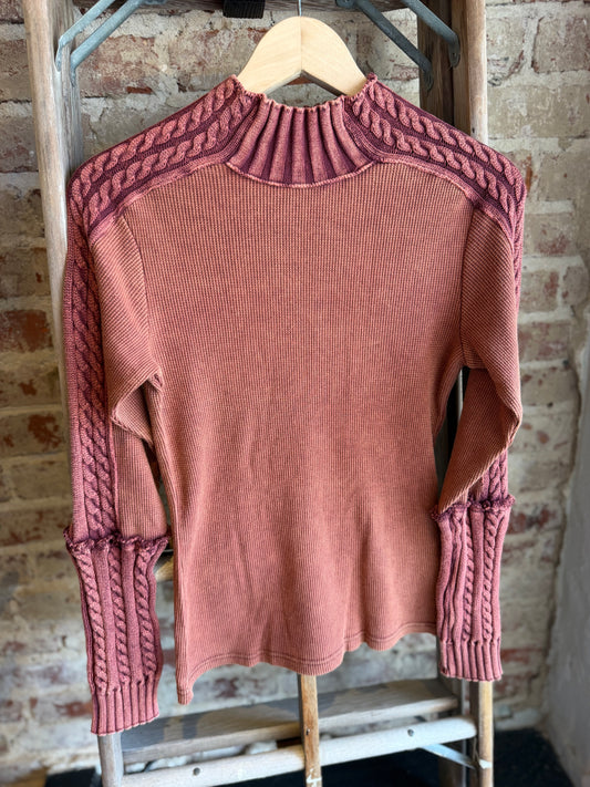 Rust Mock Neck Mixed Media Top