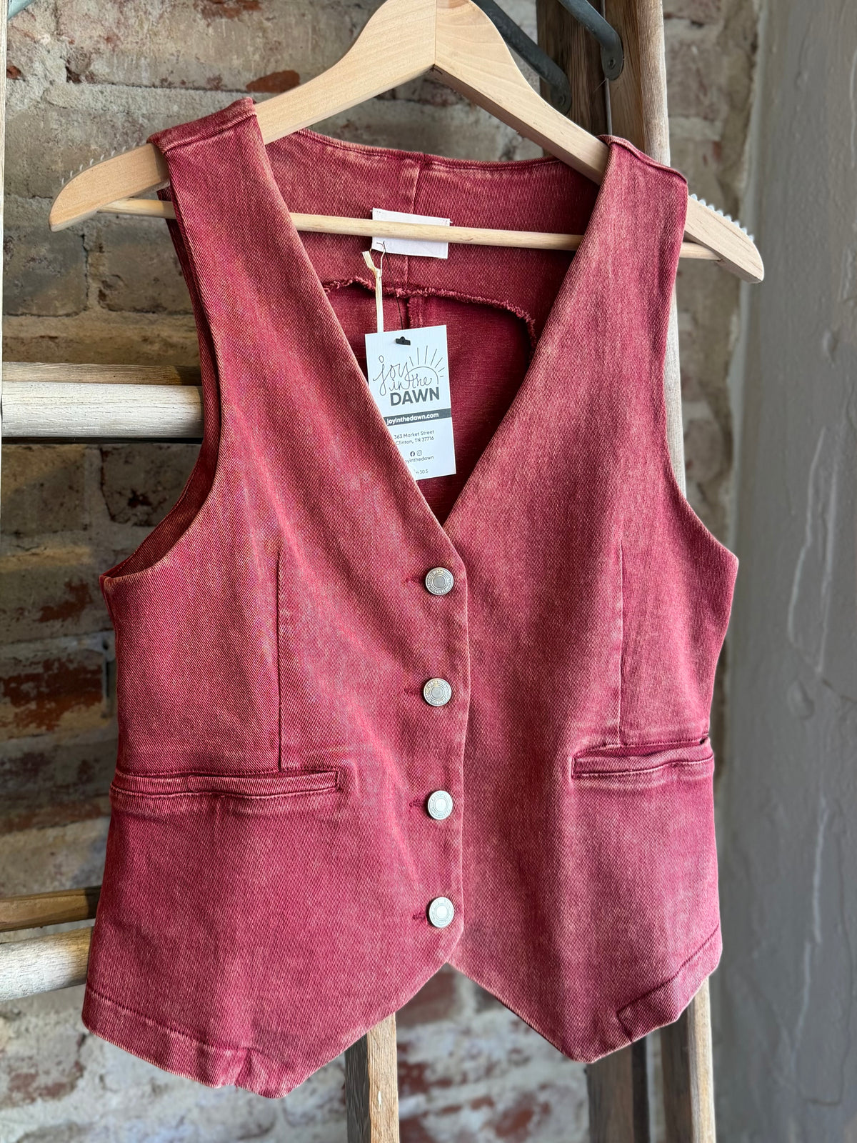 Acid Washed Denim Vest - Red