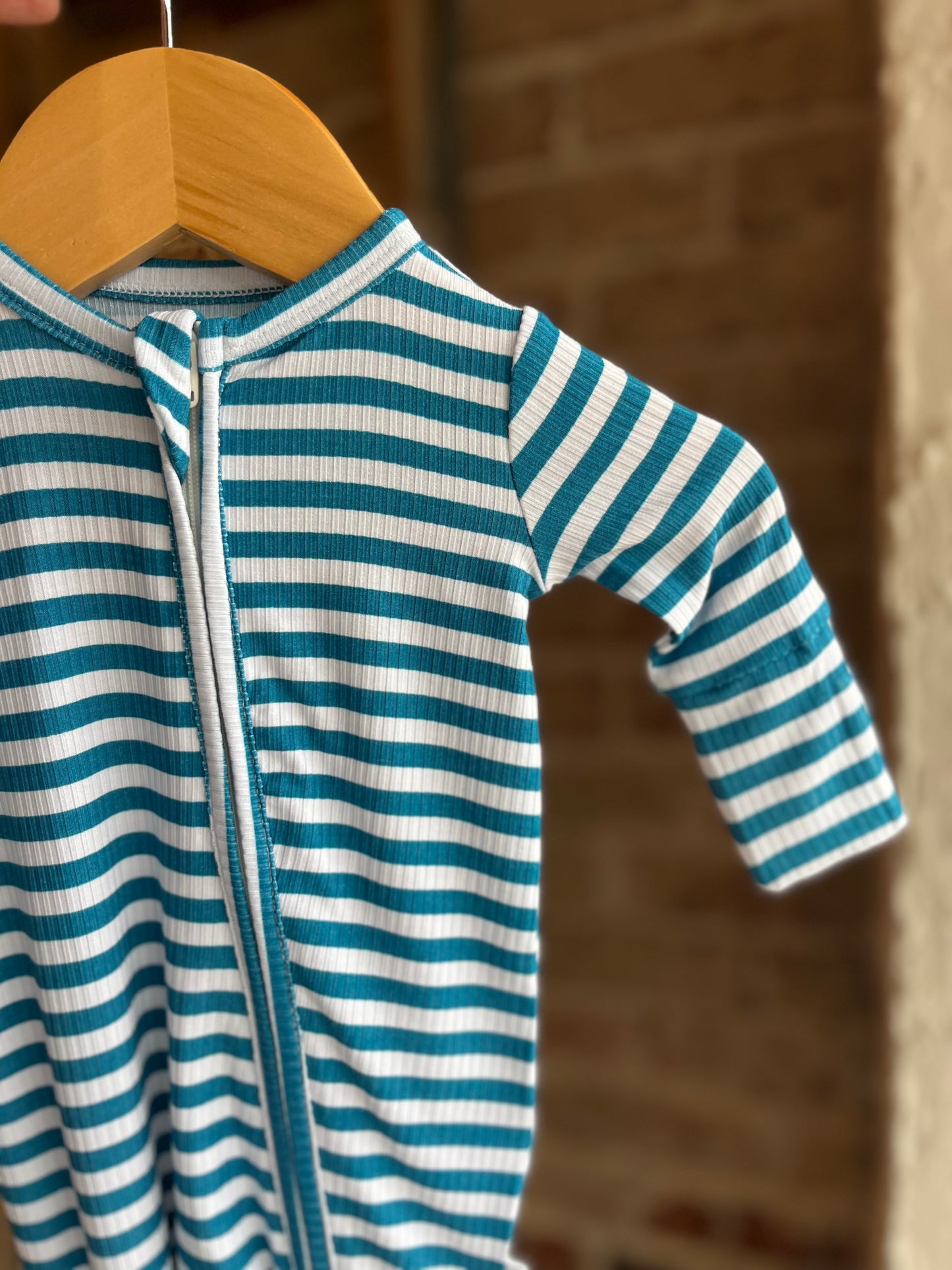 Cooper Blue Striped Bamboo Zip Onesie