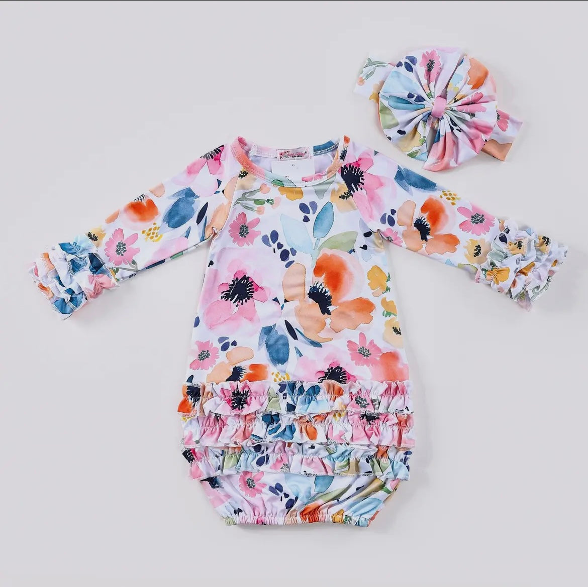 Watercolor Floral Baby Gown + Headband Set