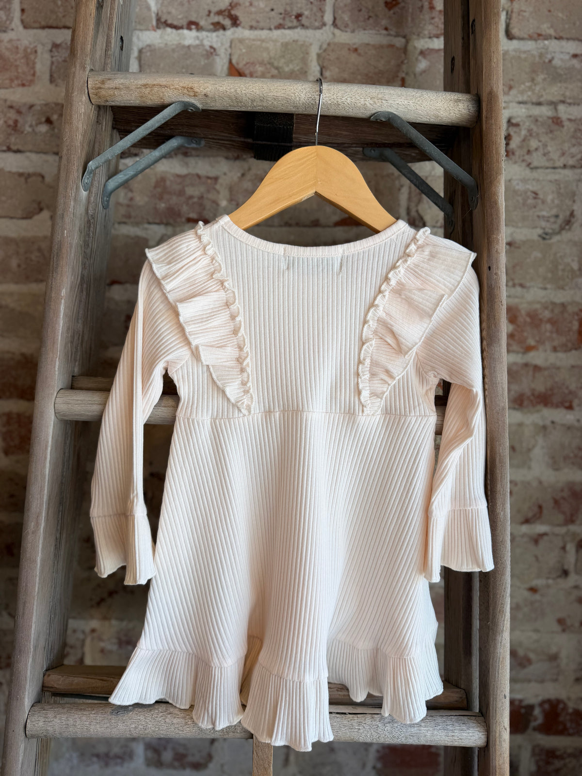 Ribbed Long Sleeve Ruffle Tunic -Cream