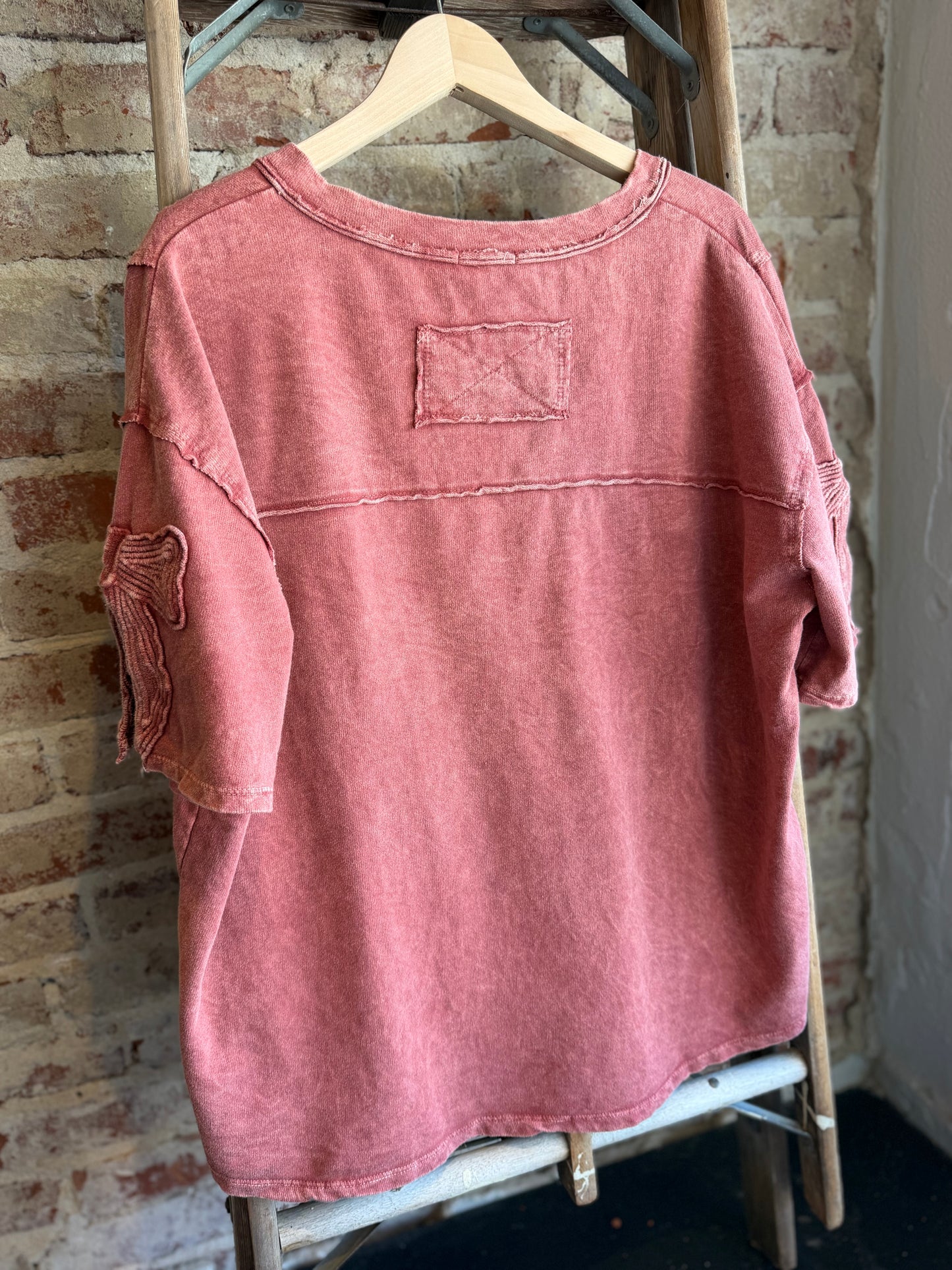Mineral Wash Bow Sleeve Top - Terracotta