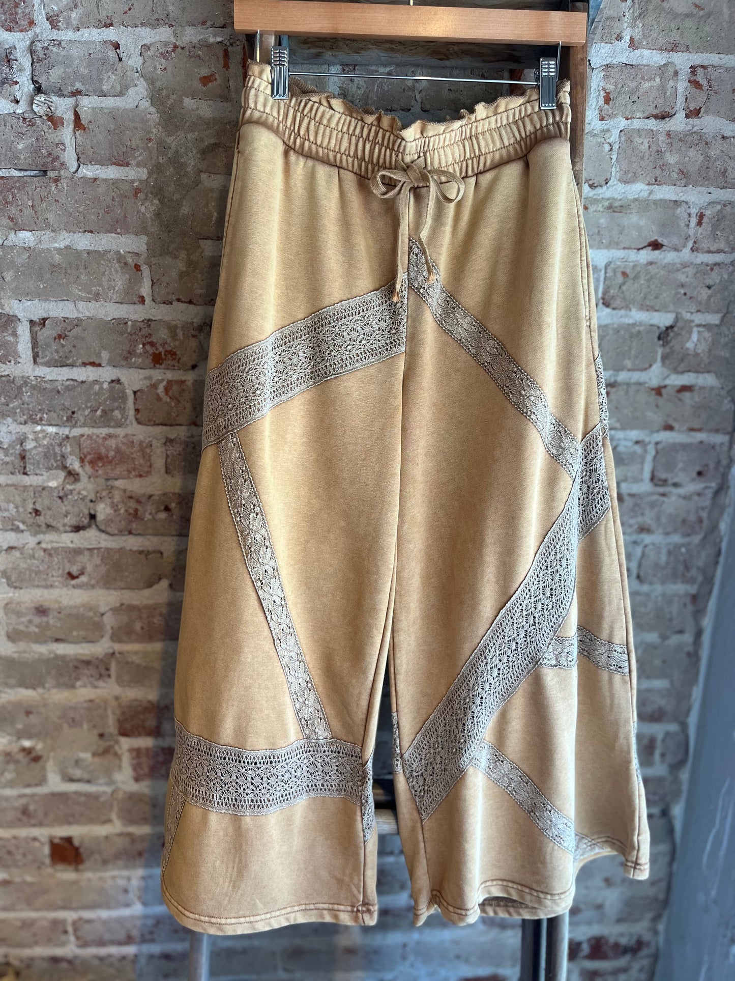 Washed Lace Trim Wide Leg Pants- Coffee