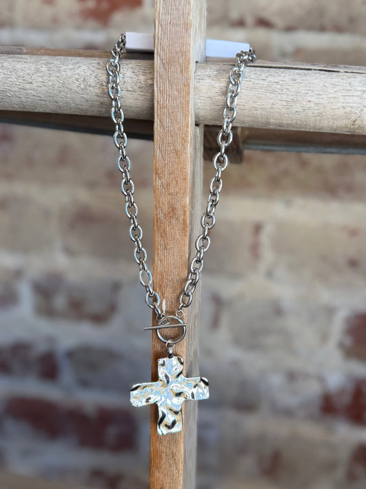 Hammered Cross Necklace - Silver/Waterproof