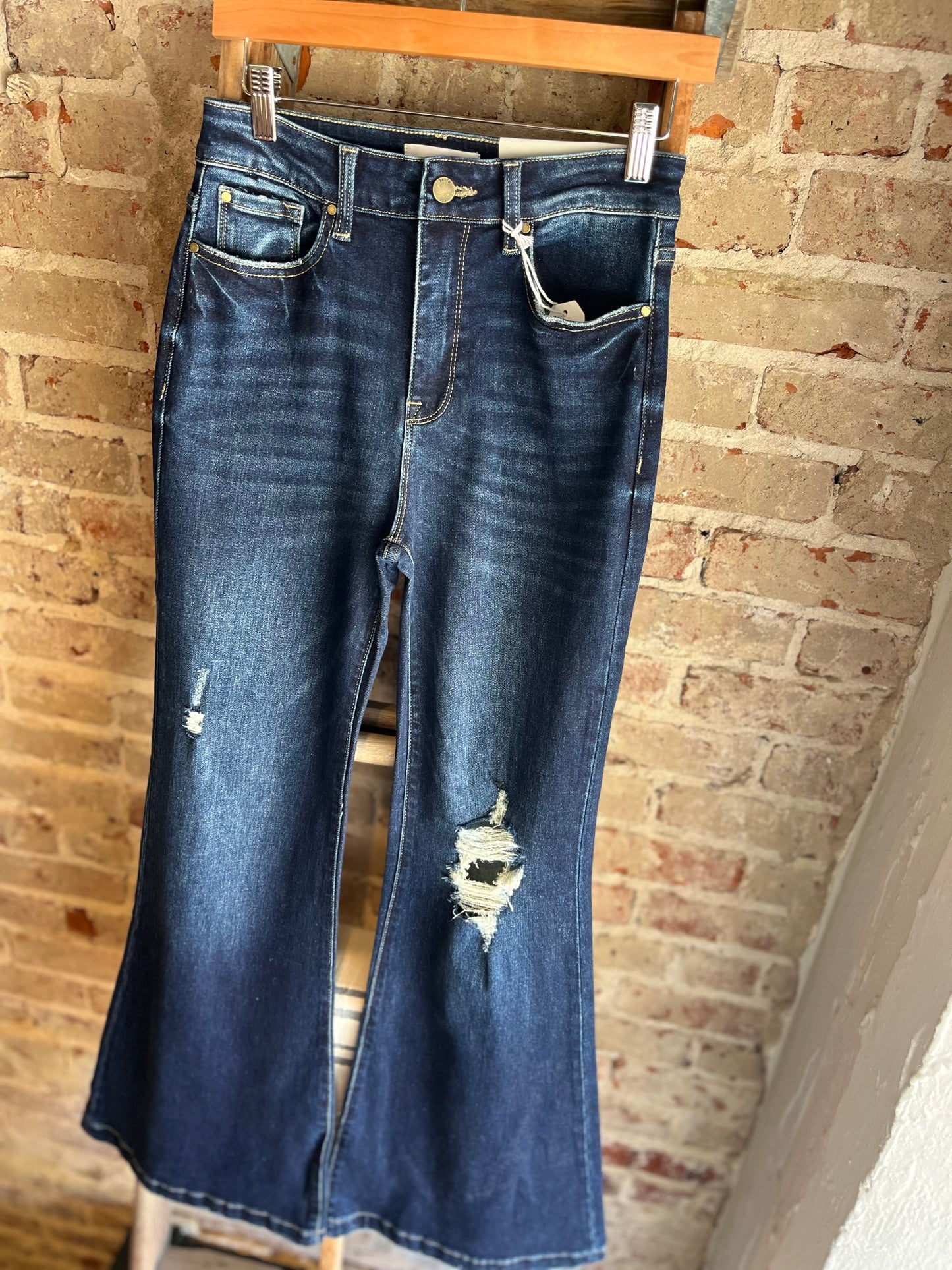 Distressed High Rise Flare Jeans- Dark