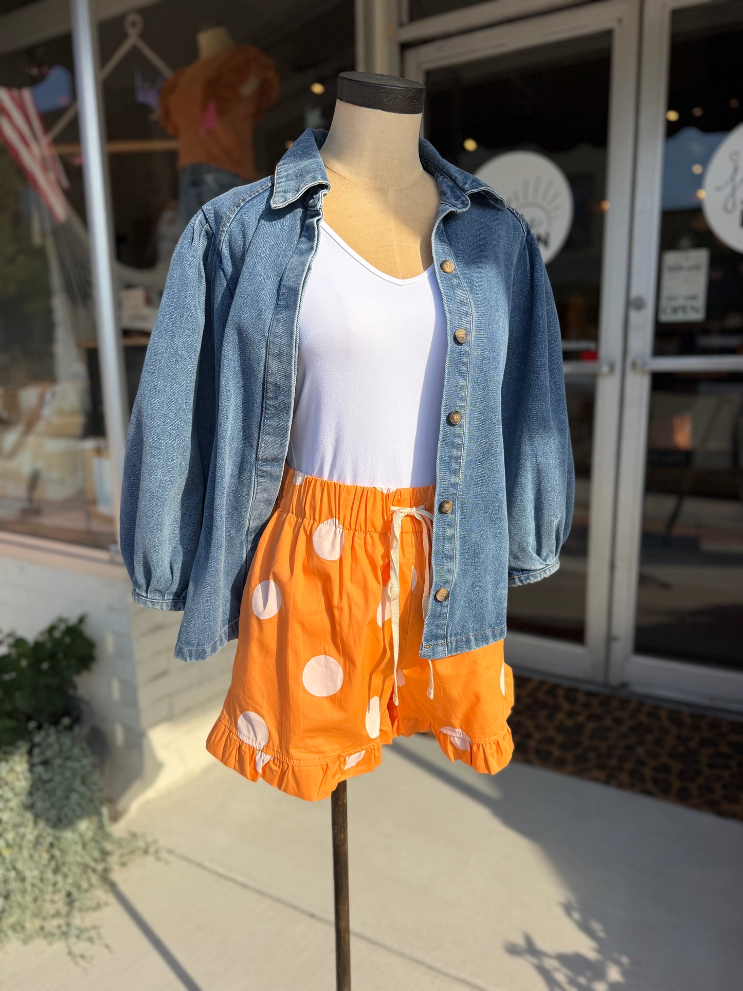 Orange+White Polka Dot Ruffle Shorts