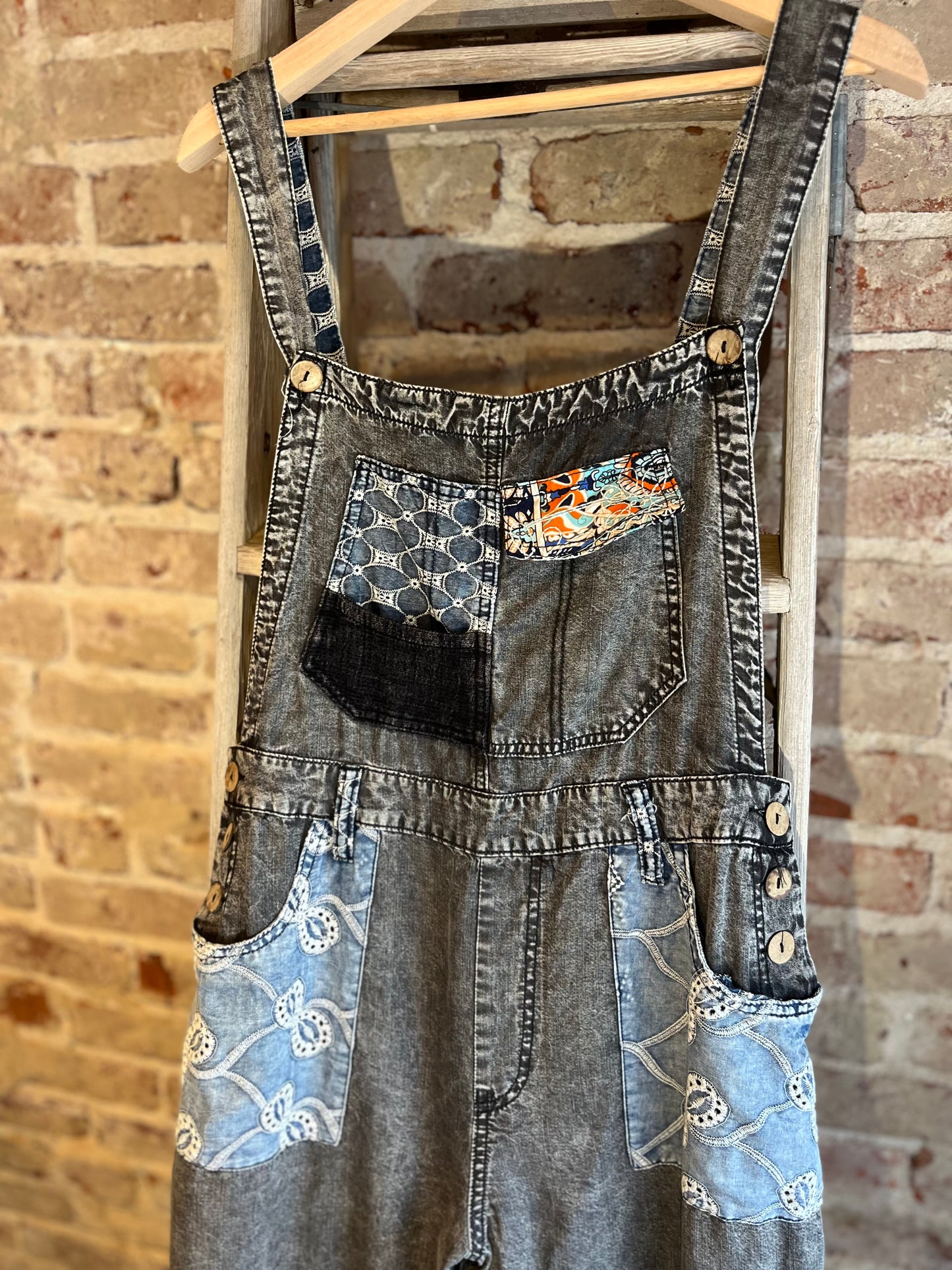 Patchwork Tencel Overalls- Black