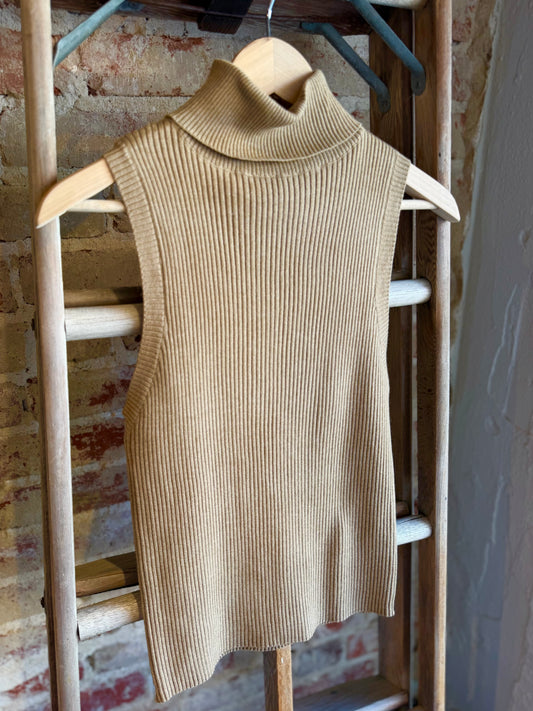 Knit Turtleneck Sleeveless Top- Brown