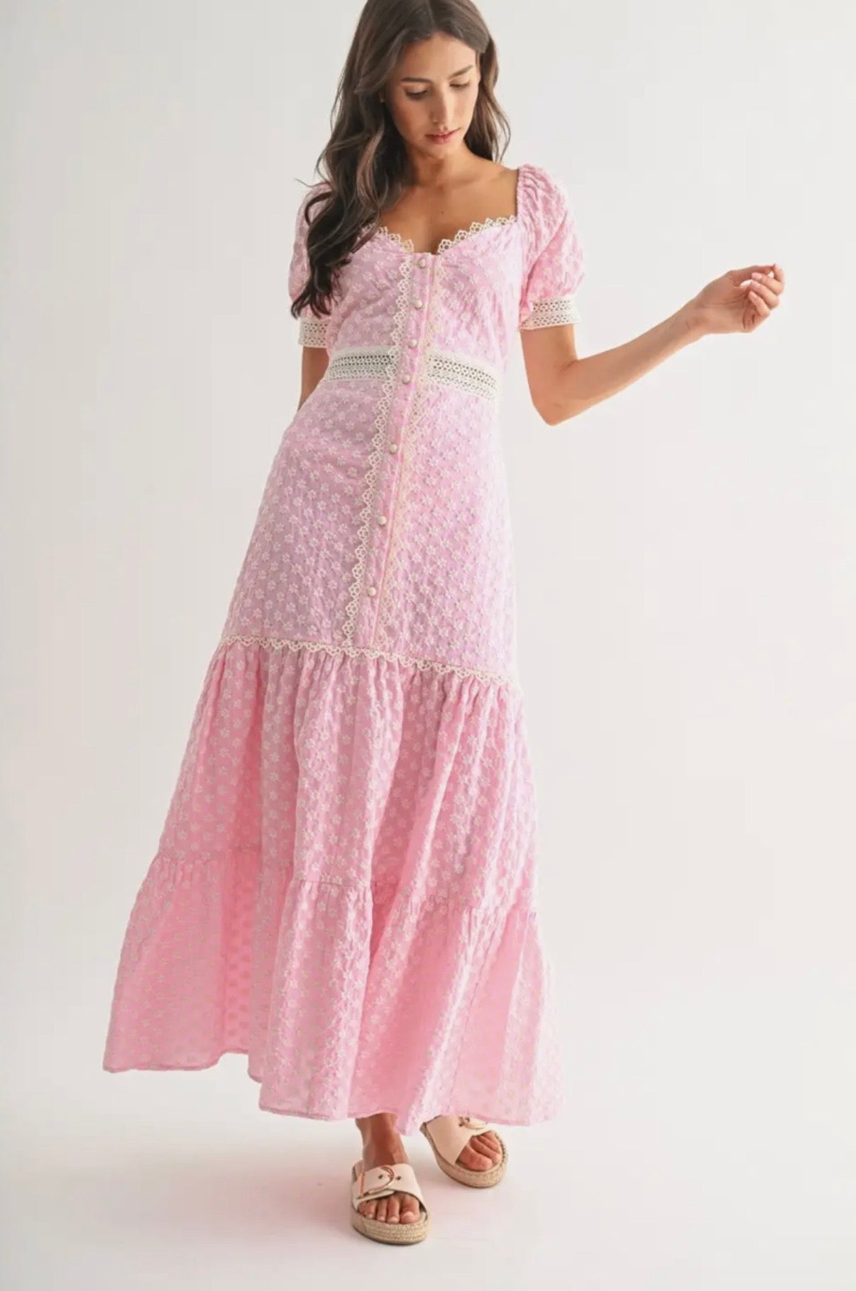 Pink Lace Trimmed Maxi Dress