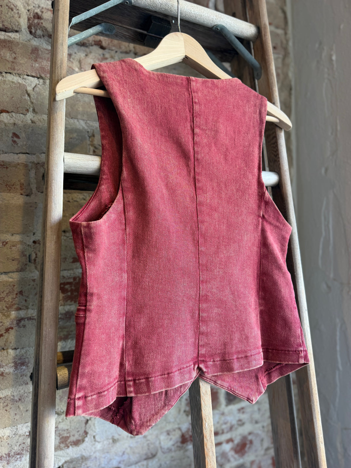 Acid Washed Denim Vest - Red