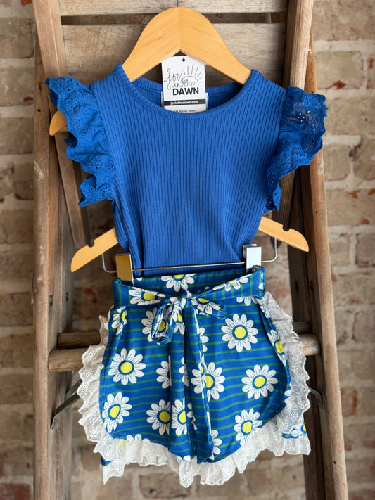 Blue Daisy Ruffle Shorts Set - Toddler/Kid