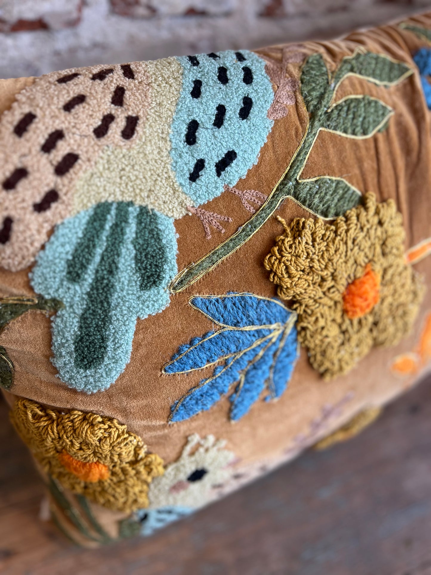 Bird Embroidery Luxe Pillow- Gold