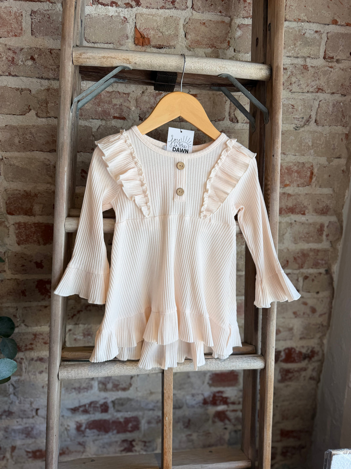 Ribbed Long Sleeve Ruffle Tunic -Cream