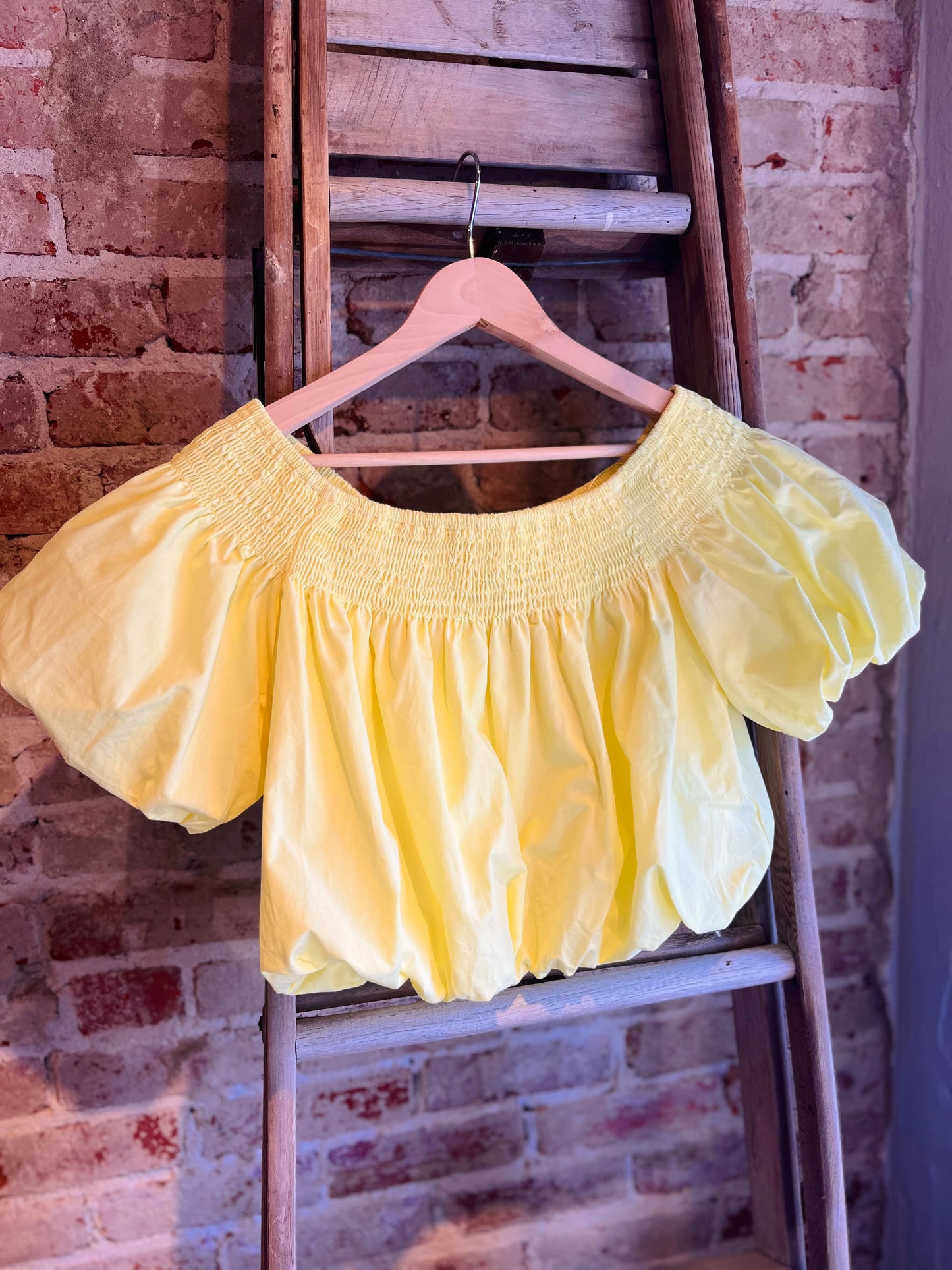 Off-Shoulder Smocked Bubble Crop Top- Lemon