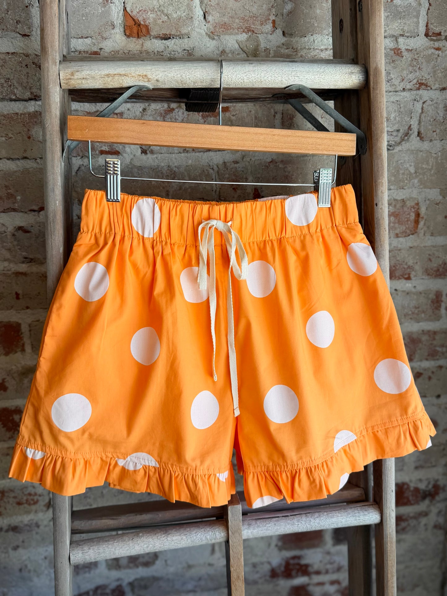Orange+White Polka Dot Ruffle Shorts