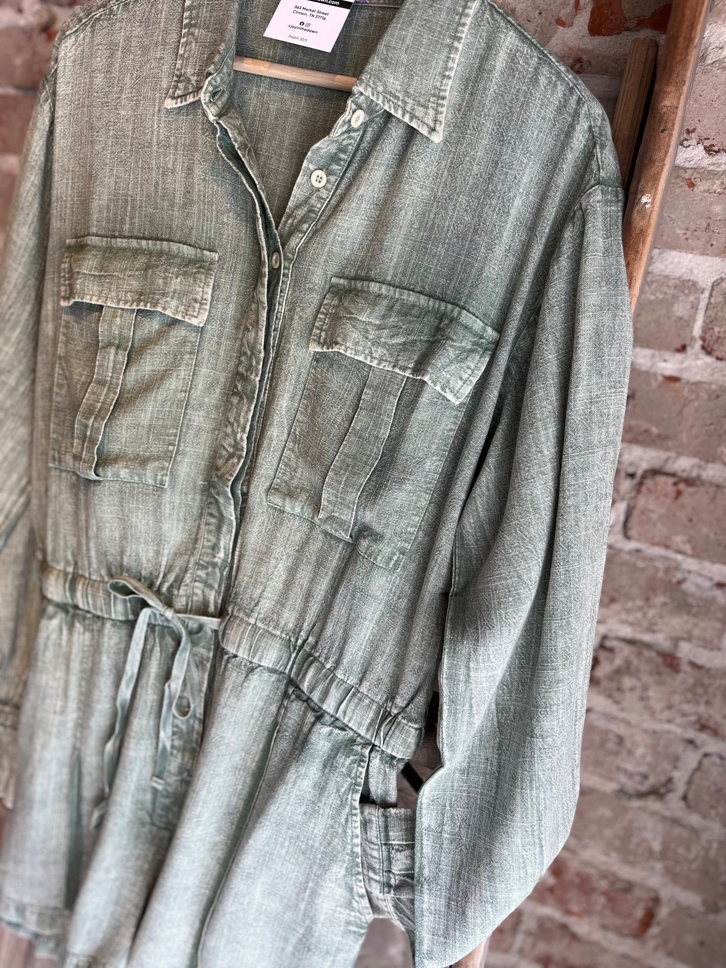 Mineral Wash Linen Romper - Sage