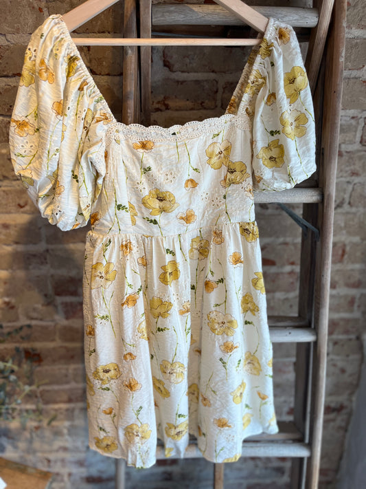 Floral Bubble Sleeve Mini Dress - Cream