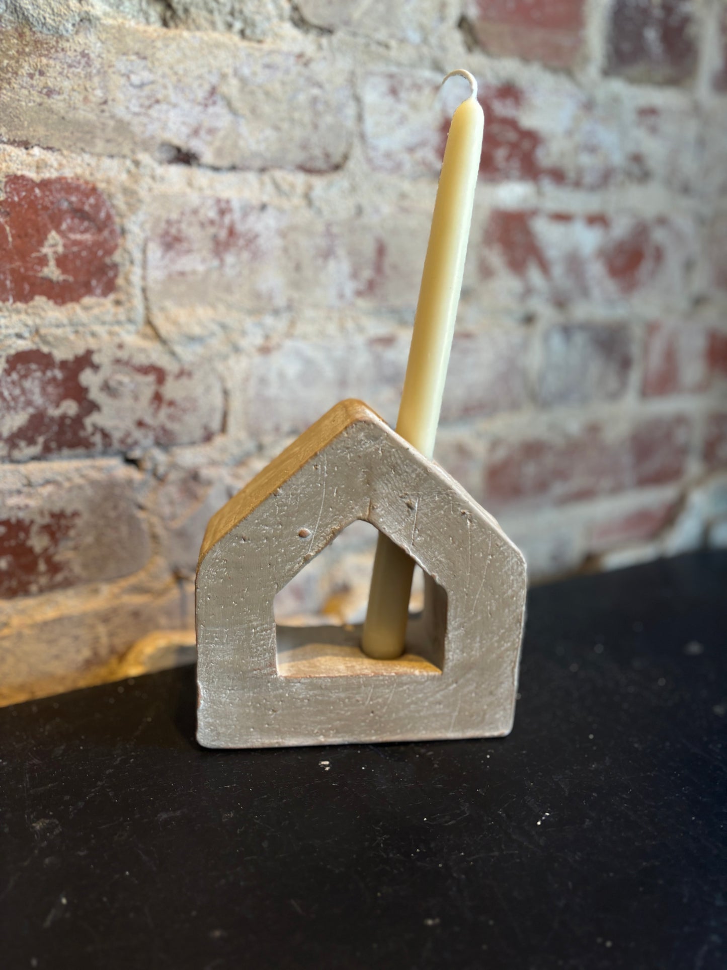 Grey Washed Clay House Taper Candle Holder -Small