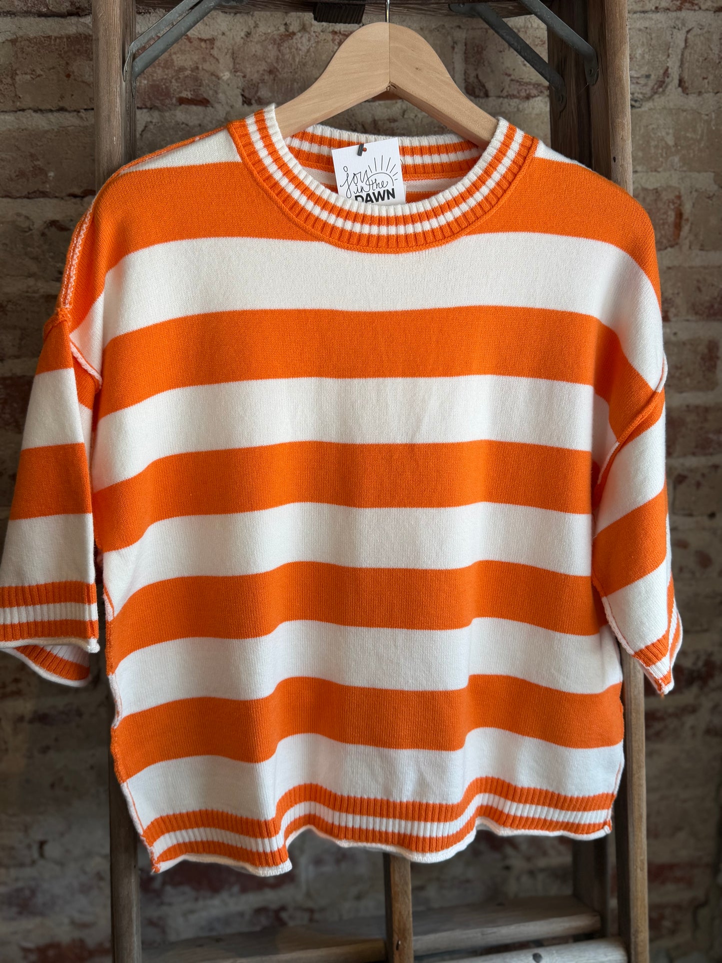 Orange+White Knit Striped Oversized Top
