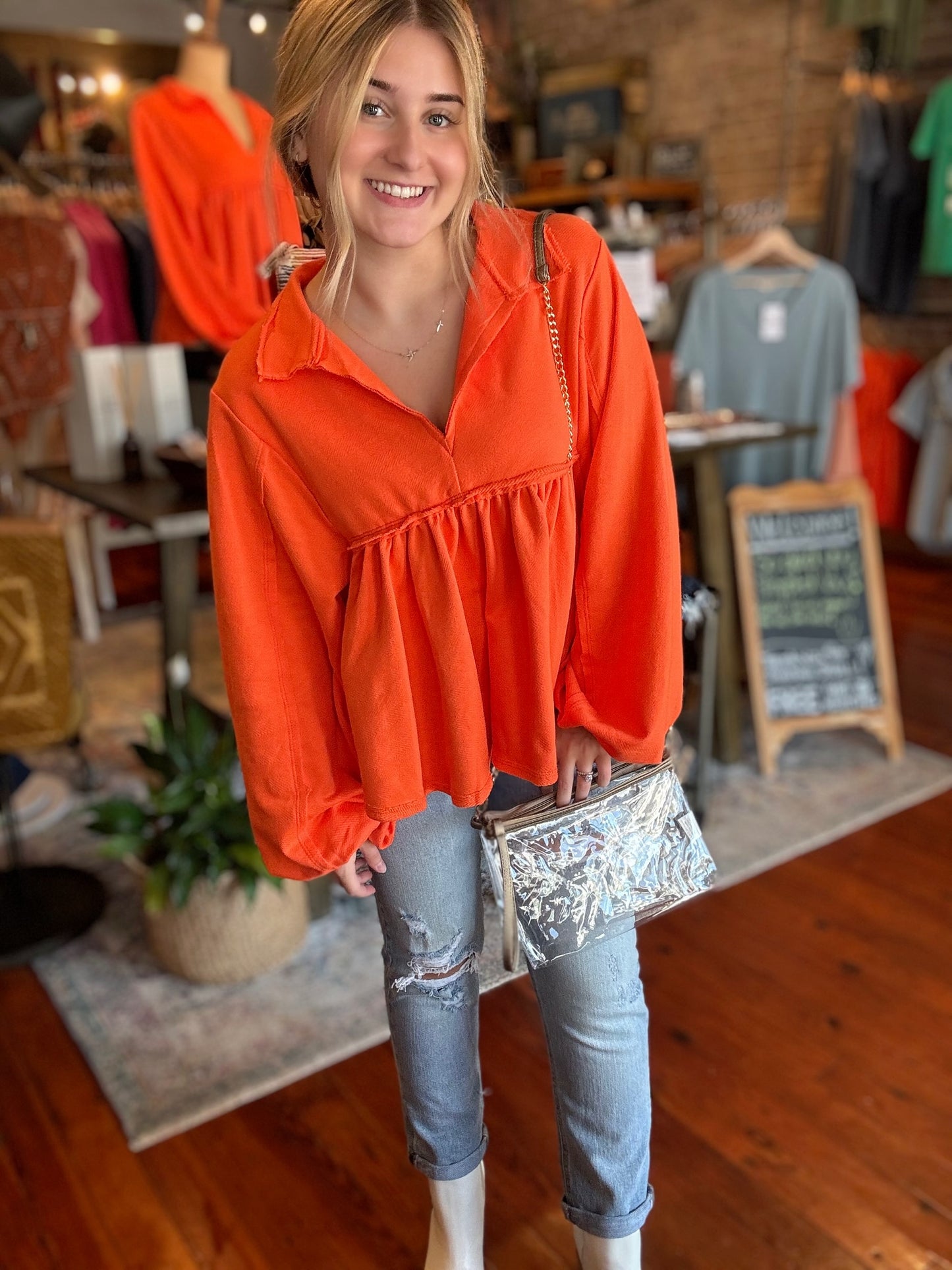 Collared Pleated Top-  Orange